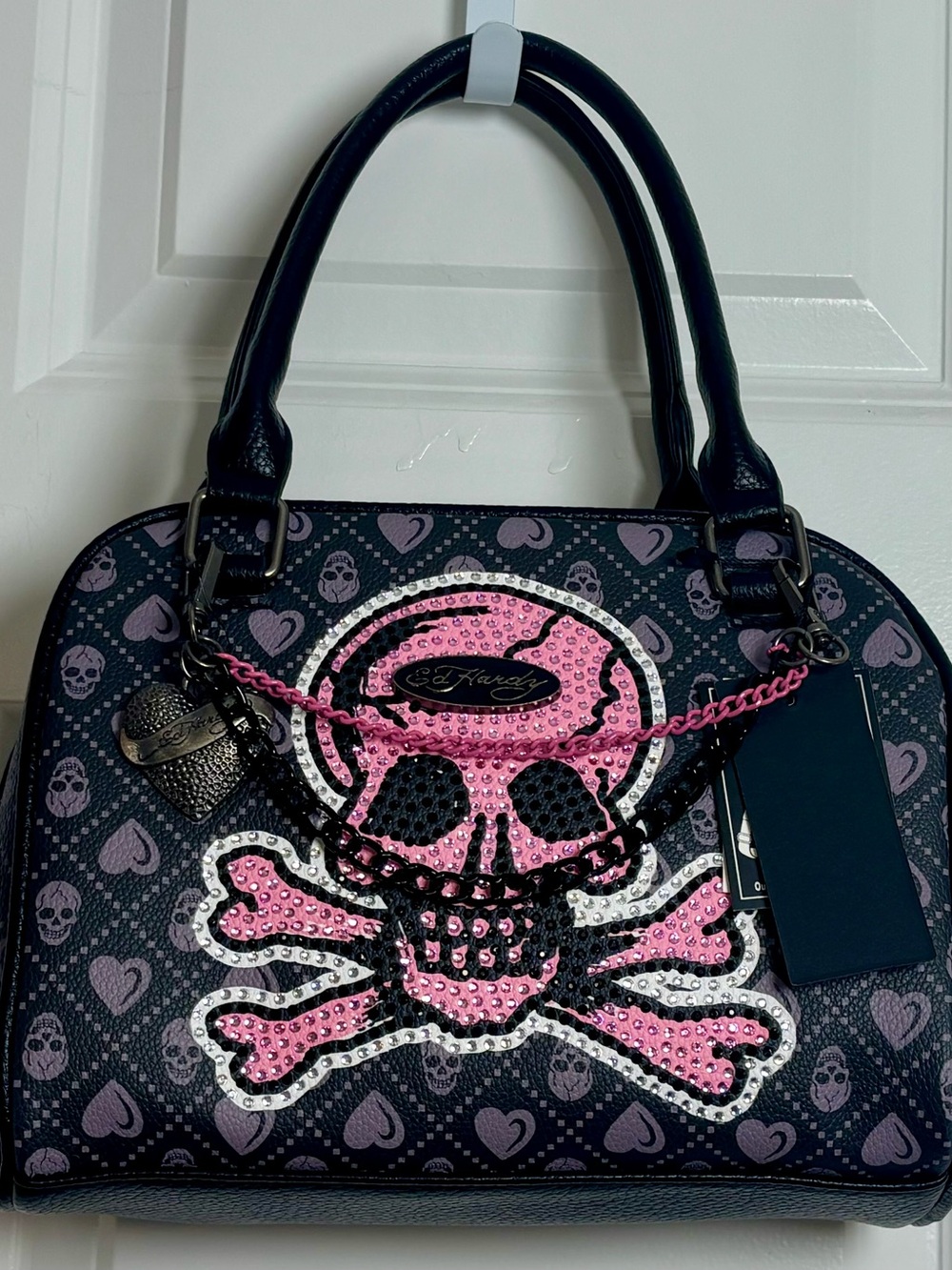 Ed Hardy Black Pink Rhinestone Skull Heart Bowler-Style Satchel Handbag